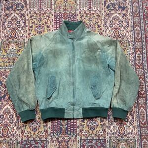 VTG 80s Norm Thompson Suede Leather Bomber Jacket Green Plaid Lined 40R NO ZIP